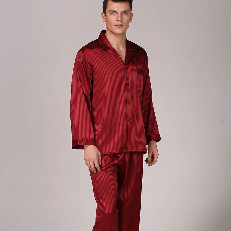 Men's Black Silk Pajamas Set with Long Sleeves