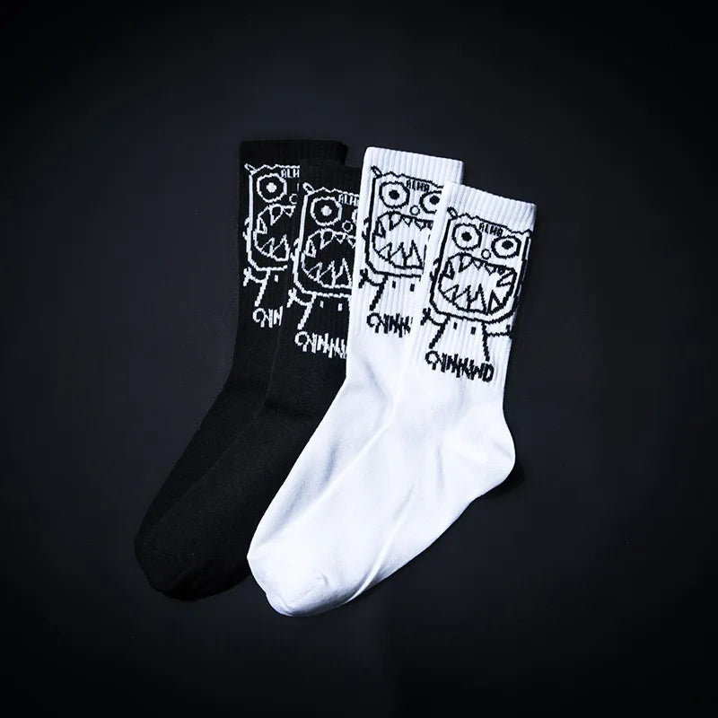 Cartoon Men Print Pattern White Black Hip Hop Breathable Mid Tube Socks Skateboard Short Socks Harajuku Mens Soks Calcetines Sox