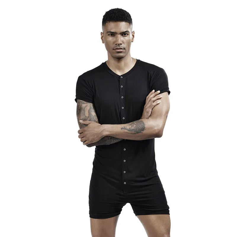 Mens Undershirts Sleepwear Shorts Sleeve Button Causal Loose Jumpsuits Shorts Singlets Bodysuits One-piece Camiseta Plus Size