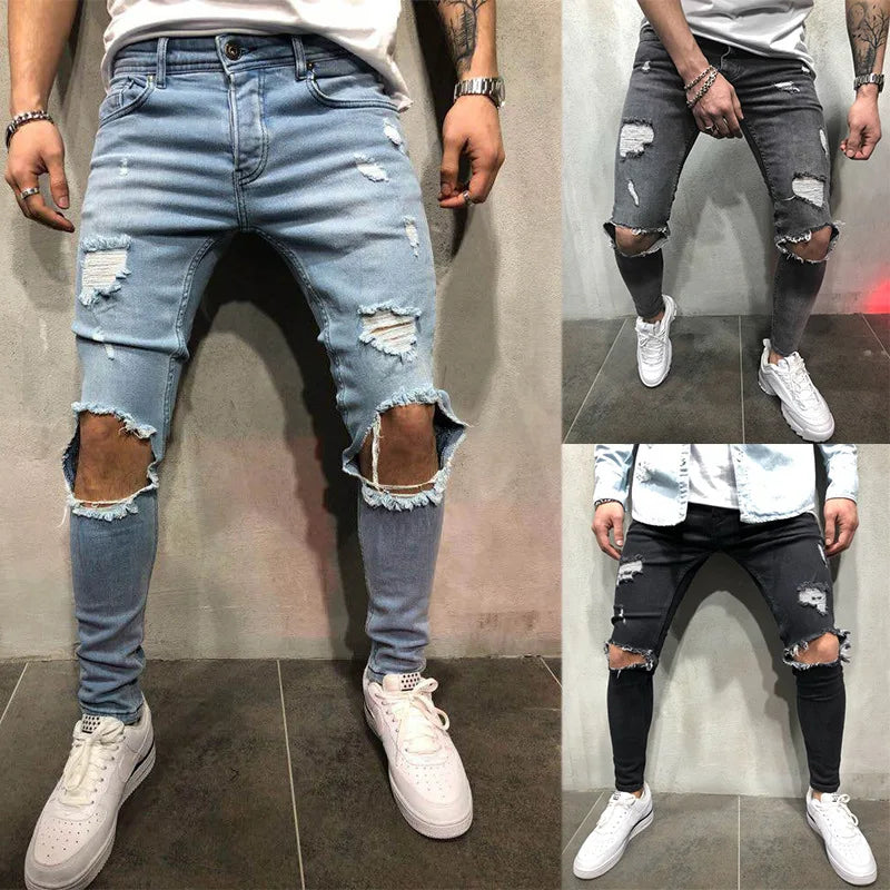 Men's Slim Fit Ripped Jeans in Cotton and Spandex