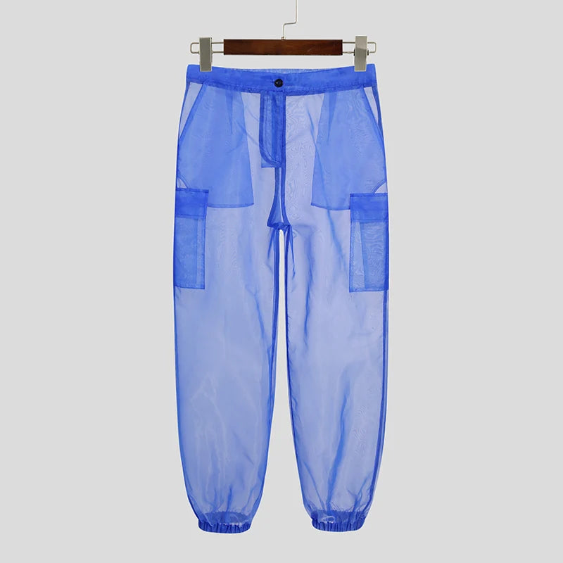 INCERUN Men Mesh Sleep Bottoms 2024 Lace Transparent Drawstring Sexy Homewear Pockets Breathable Trousers Male Sleep Pants S-5XL