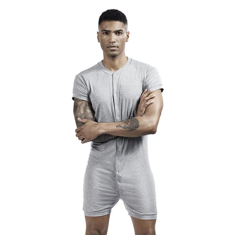 Mens Undershirts Sleepwear Shorts Sleeve Button Causal Loose Jumpsuits Shorts Singlets Bodysuits One-piece Camiseta Plus Size