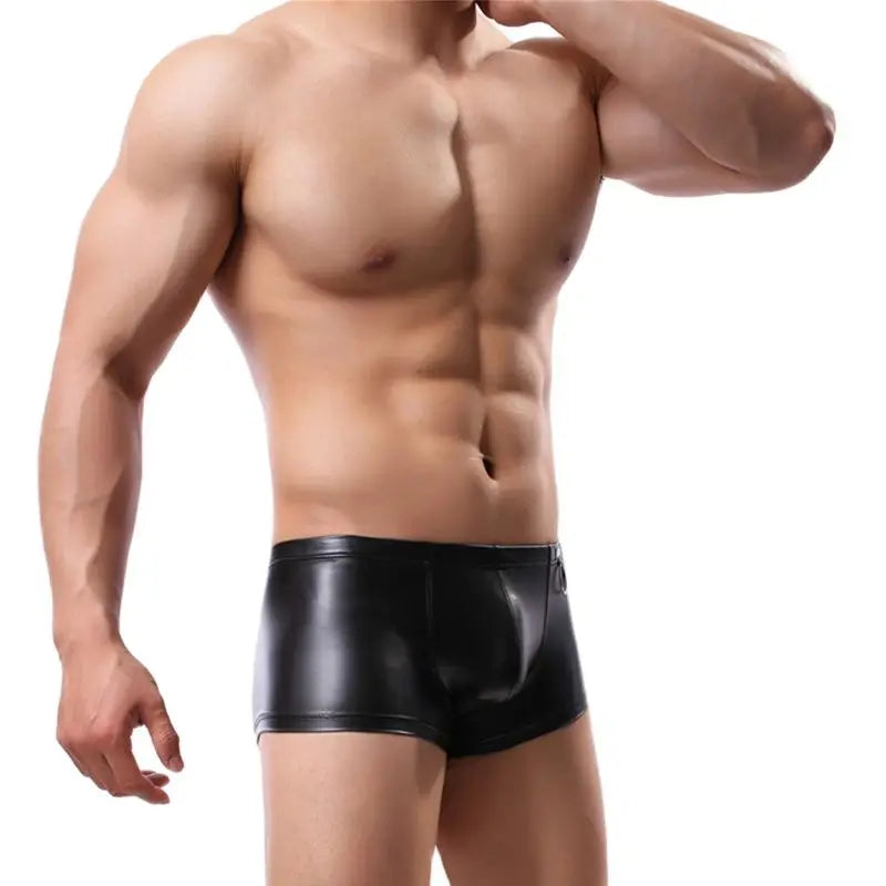 Men's Faux Leather Boxer Shorts with Penis Pouch