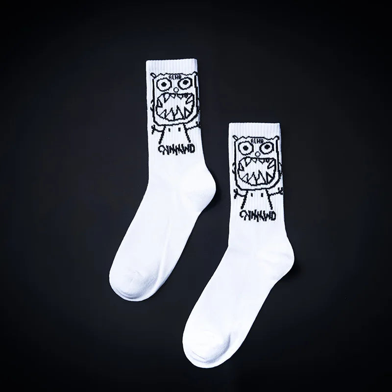 Cartoon Men Print Pattern White Black Hip Hop Breathable Mid Tube Socks Skateboard Short Socks Harajuku Mens Soks Calcetines Sox