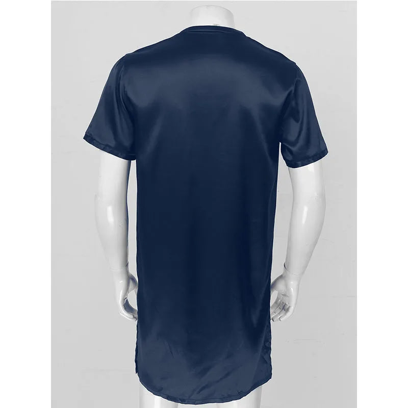Men Satin Pyjama Sleep Tops Nightshirts Adult Summer Soft Solid Color V Neck Short Sleeve Sleepwear Casual Home Wear Nightwear