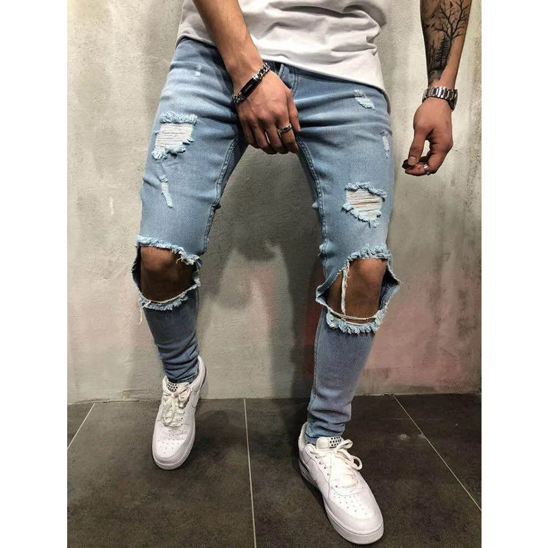 Men's Slim Fit Ripped Jeans in Cotton and Spandex