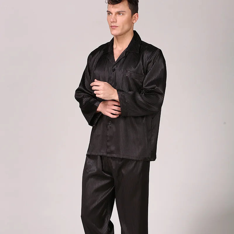 Men's Black Silk Pajamas Set with Long Sleeves