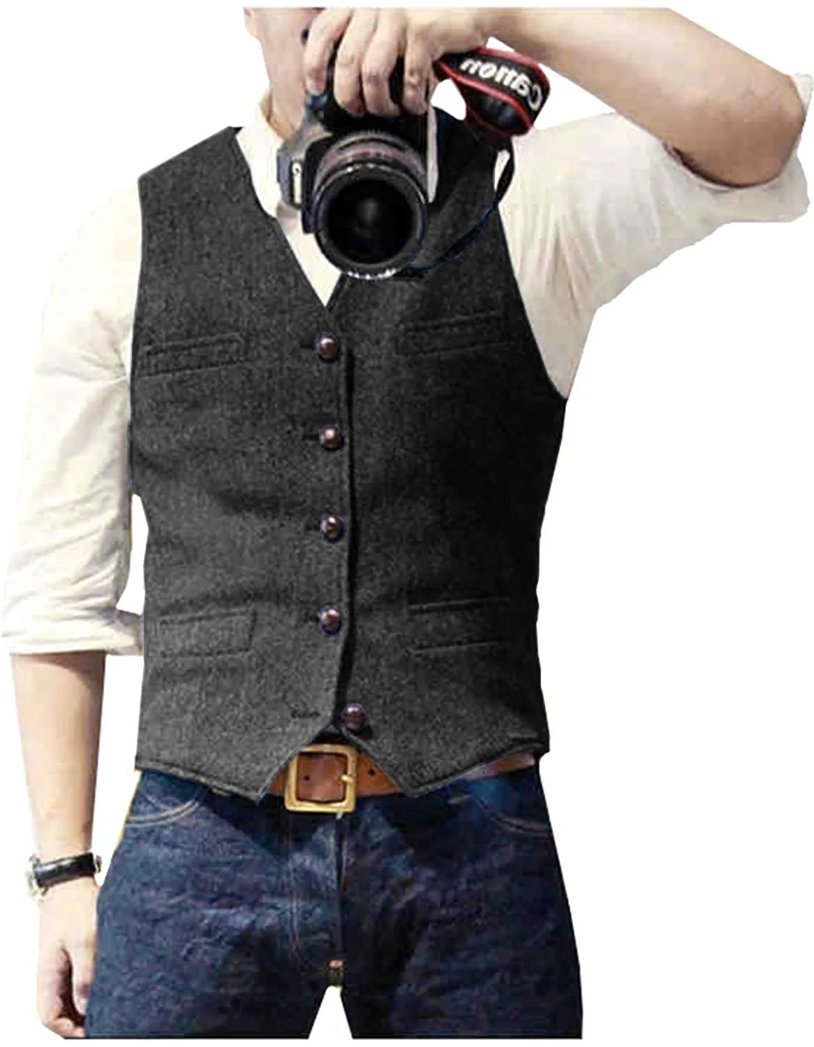 Men's Herringbone Tweed V Neck Slim Fit Vest for Weddings