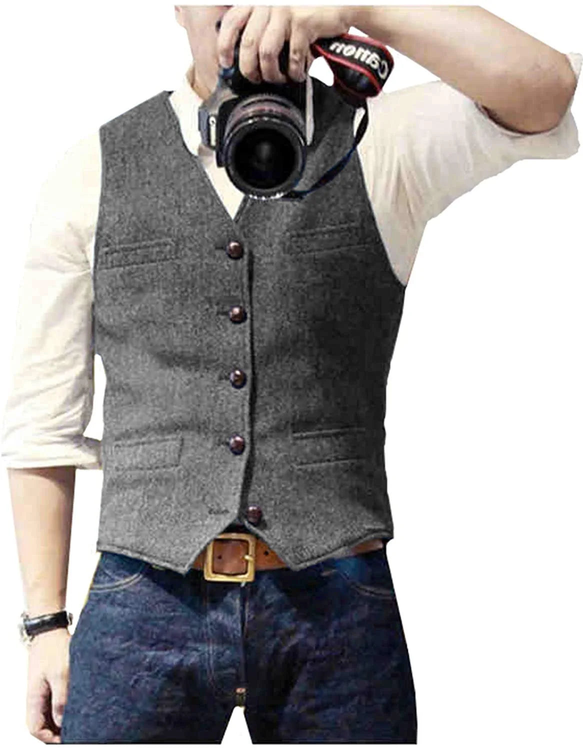 Men's Herringbone Tweed V Neck Slim Fit Vest for Weddings