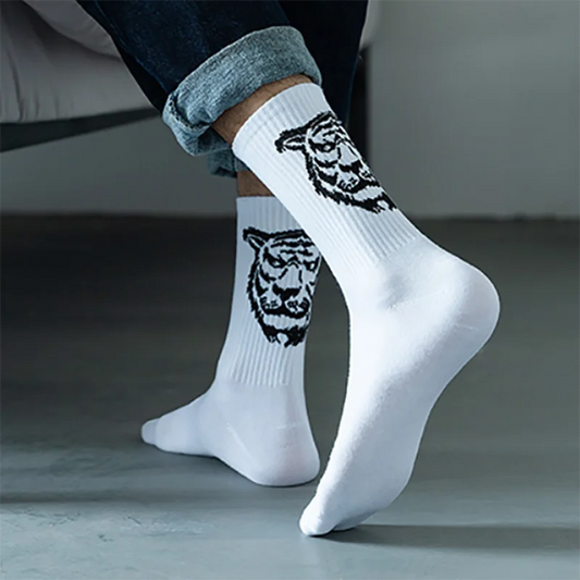 Men's Crew Socks in White Cotton Animal Print