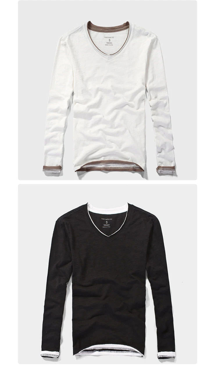 NONE 2026 + Fashion Men's T Shirt Vintage V-Neck Long Sleeve T-Shirt