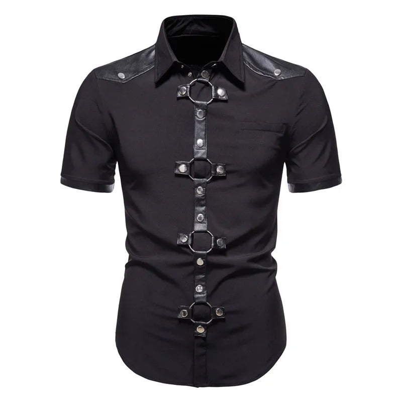 Mens Short Sleeve Goth Style Solid Color Casual Shirt