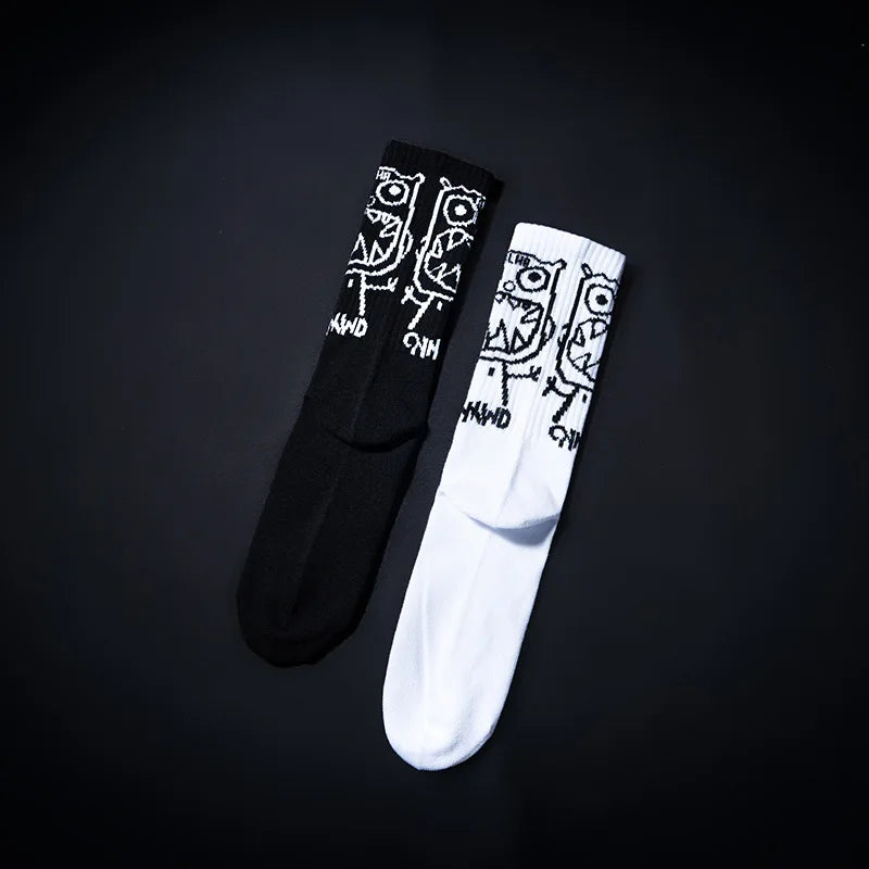 Cartoon Men Print Pattern White Black Hip Hop Breathable Mid Tube Socks Skateboard Short Socks Harajuku Mens Soks Calcetines Sox