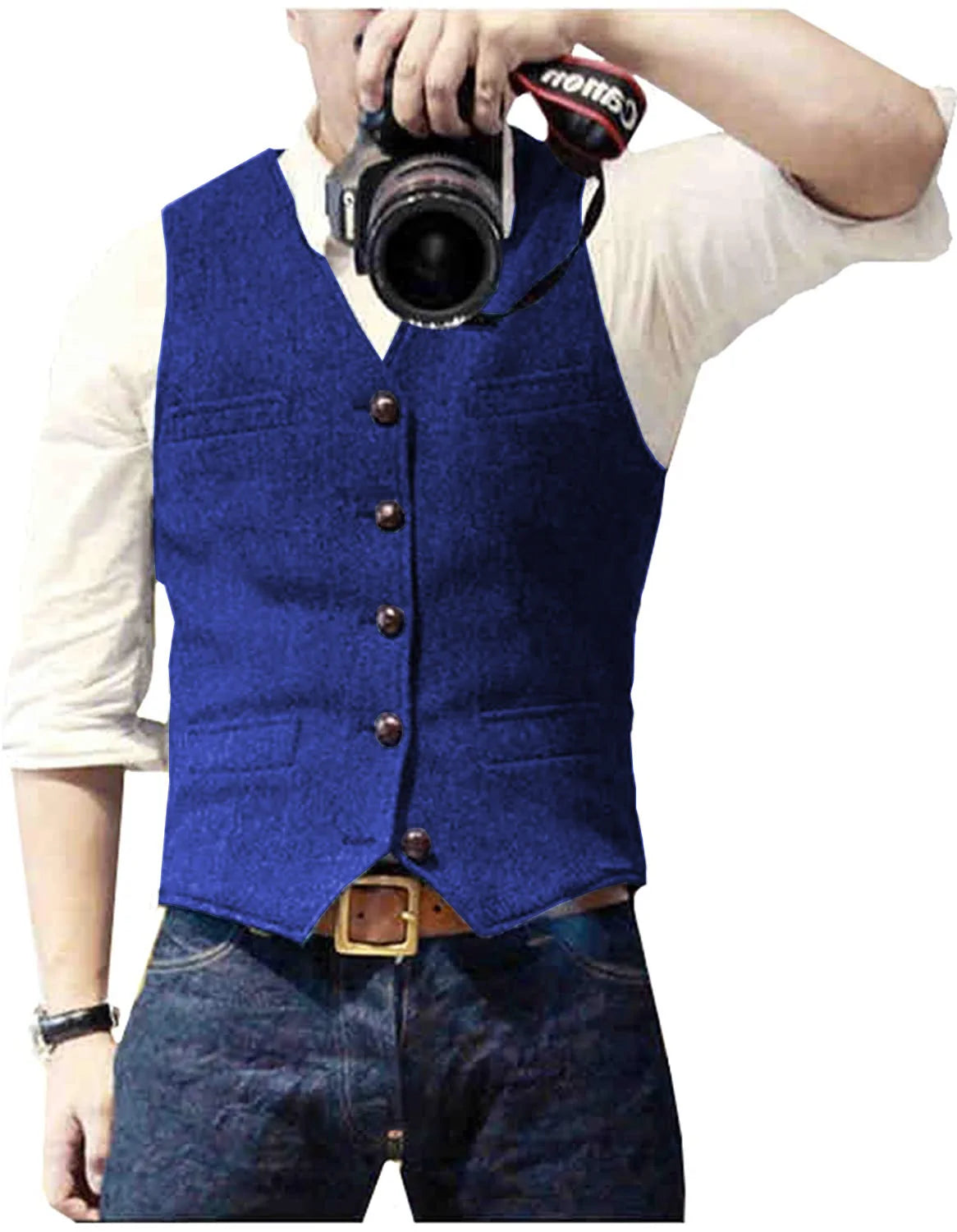 Men's Herringbone Tweed V Neck Slim Fit Vest for Weddings