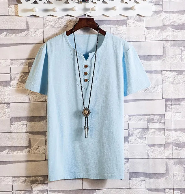 Men's Casual V Neck Short Sleeve Linen T-shirt
