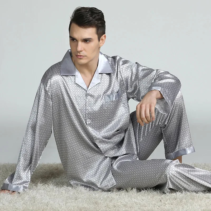 Silk Satin Pajamas for Men Sleepwear Cozy Soft Print Long Sleeve Nightgown Tops + Trousers Two Pieces Mens Pajama Set