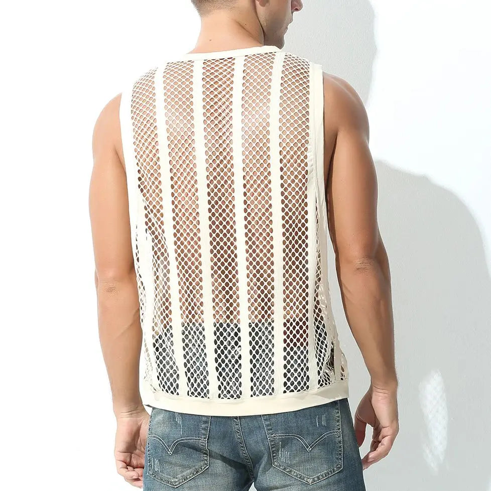 Mens Mesh Sheer Vest Bodybuilding Running Tank Tops Sexy Fishnet Fitness Sportwear Muscle Sleeveless Hollow Singlet Quick Dry