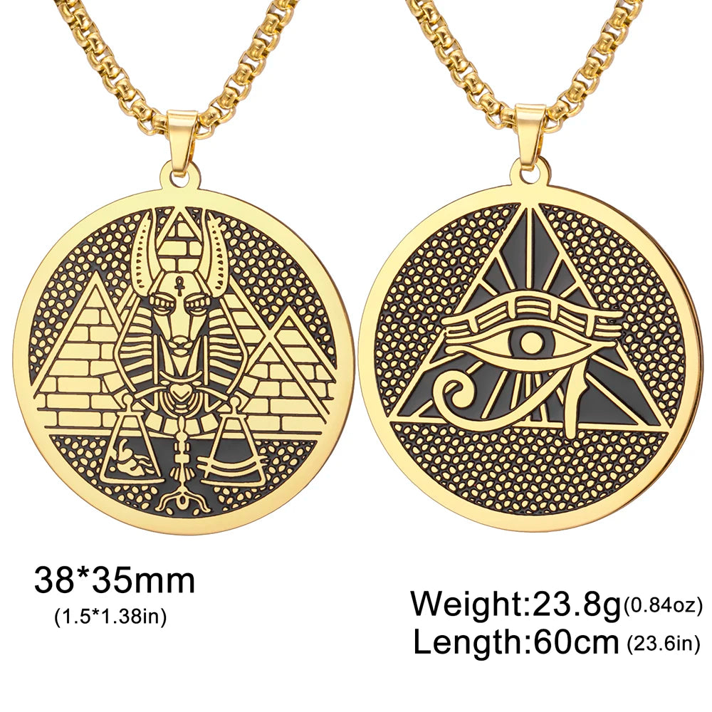 Egyptian God Anubis Double Sides Necklace Pharaoh Pyramid Eye of Horus Protection Amulet Stainless Steel Ancient Egypt Jewelry