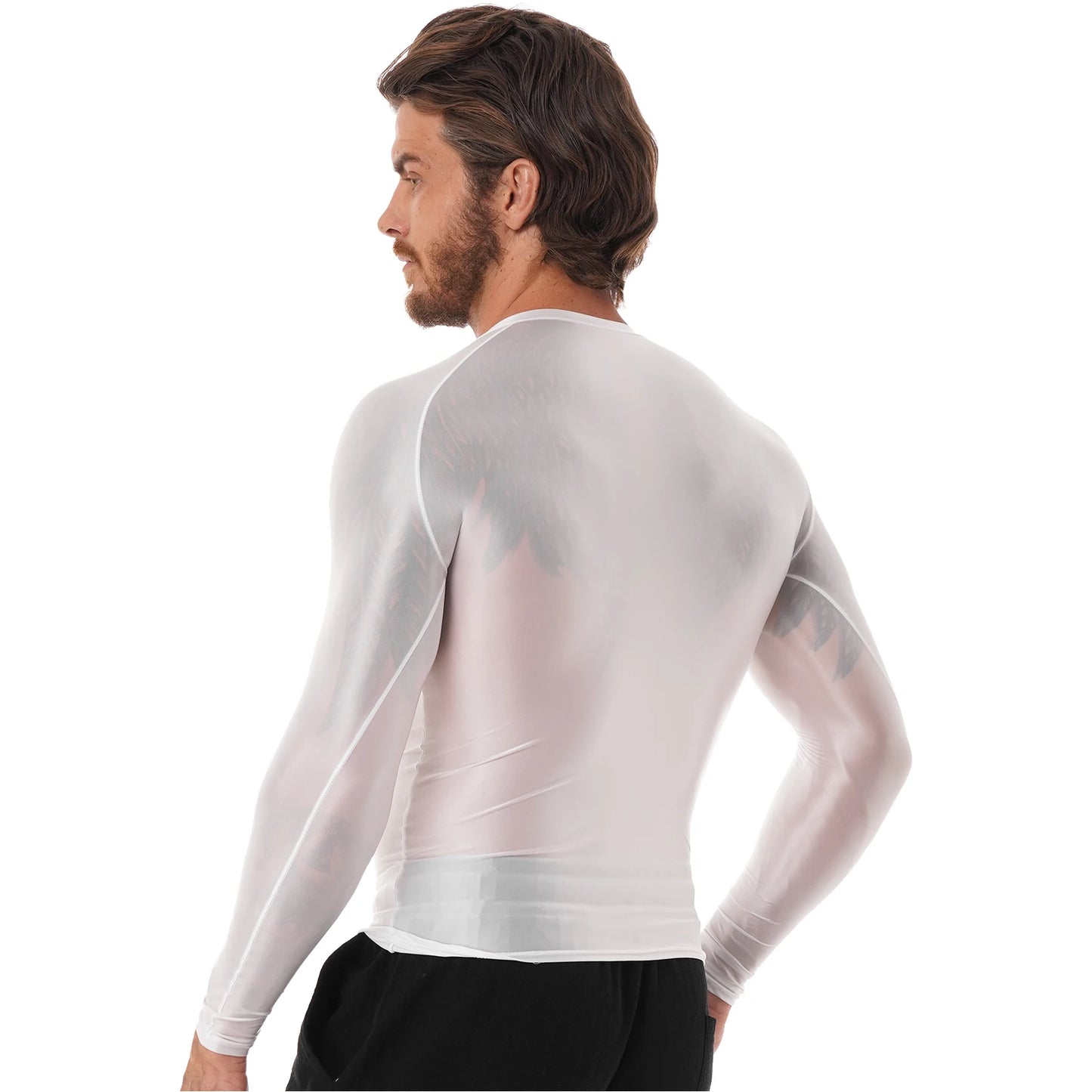 Mens Sports T-Shirts Tops Slim Fit Breathable T-Shirts Tops Glossy O Neck Long Sleeve Transparent T-shirt Running Undershirts