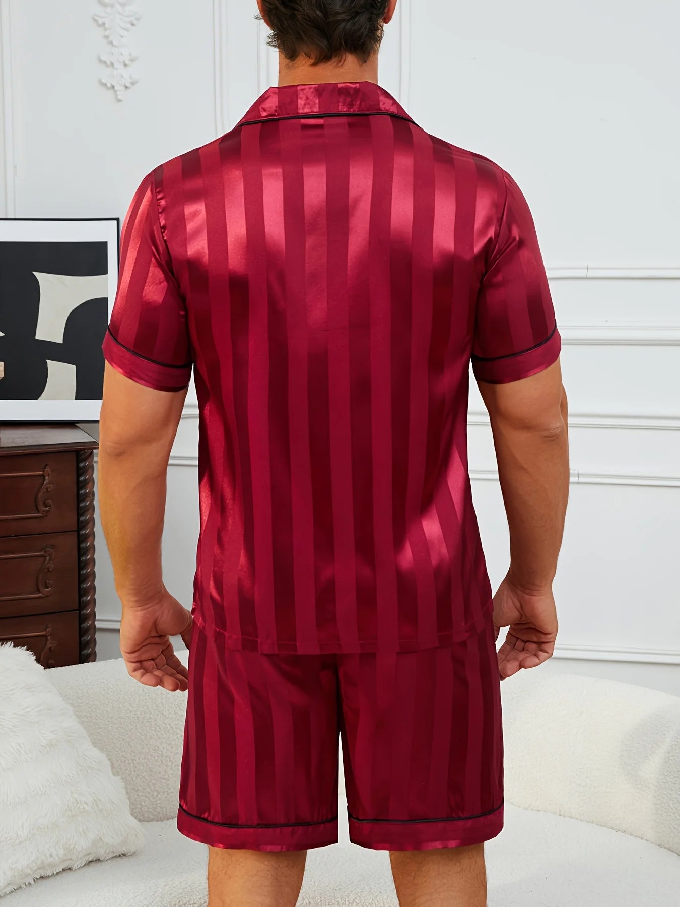 Men'S Sleepwear Set Featuring a Short-Sleeve Top And Shorts with Burgundy Striped Embroidery Button Up Pajamas Sets Nightwear