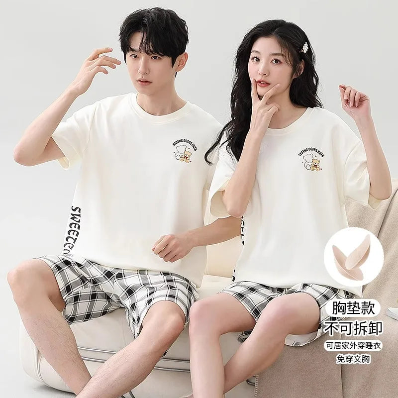 Couples Home Suit Women's Sleepwear Suit Man's Pajamas Set Cotton Short Sleeves Sleep Tops Shorts Pyjamas Nightwear Mujer Homme