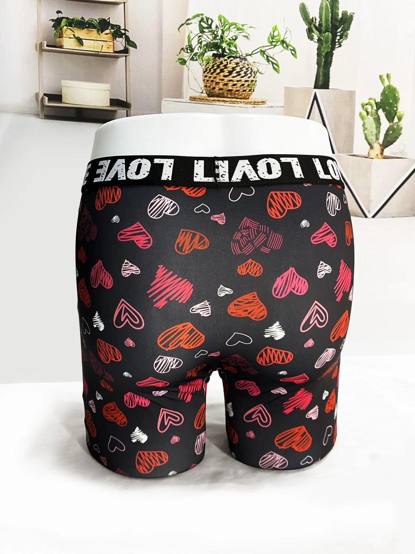 Men's Black Printed Boxer Shorts with Lips and Hearts