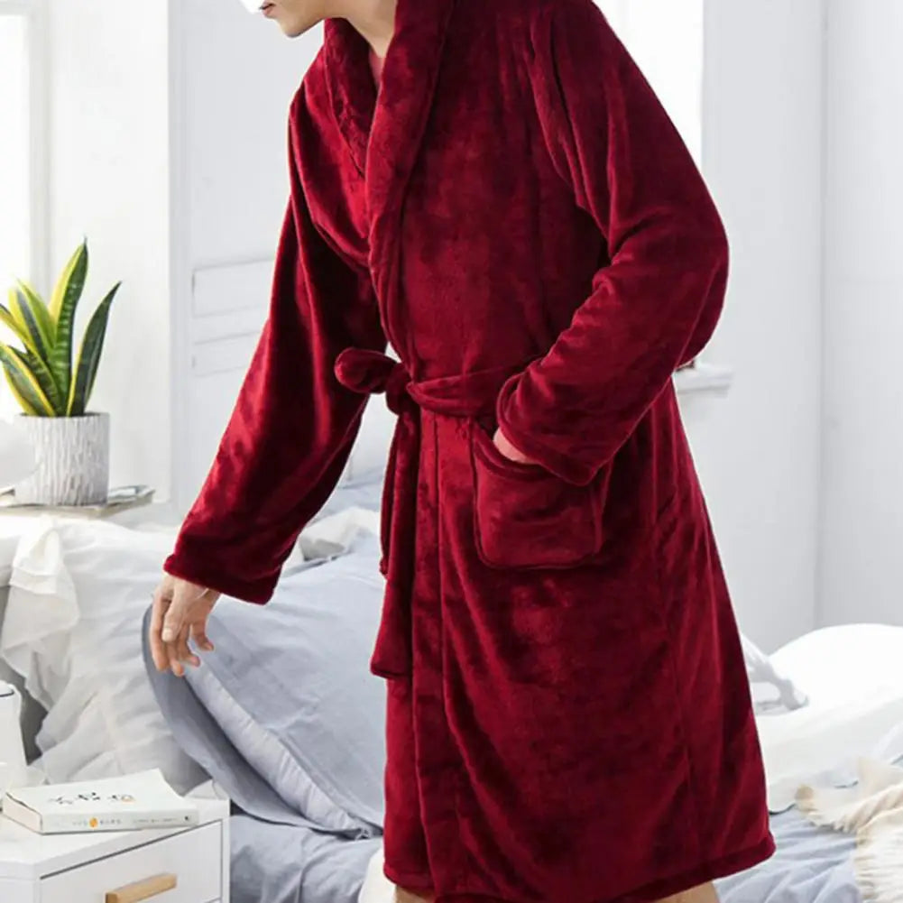Men Women Bath Robe Lapel Long Sleeve Knee-Length Bathrobe With Belt Pockets Flannel Soft Loungewear Nightwear Plush Spa Robe