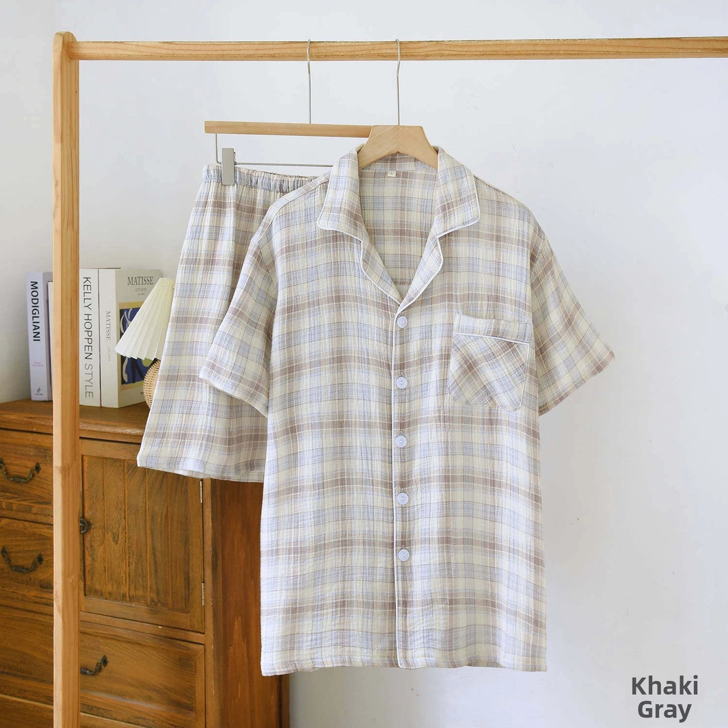Men's 2-Piece Pajama Set - Japanese Plaid Sleepwear, Cotton Gauze Short Sleeve & Shorts, Lightweight & Breathable Relaxed Fit, S