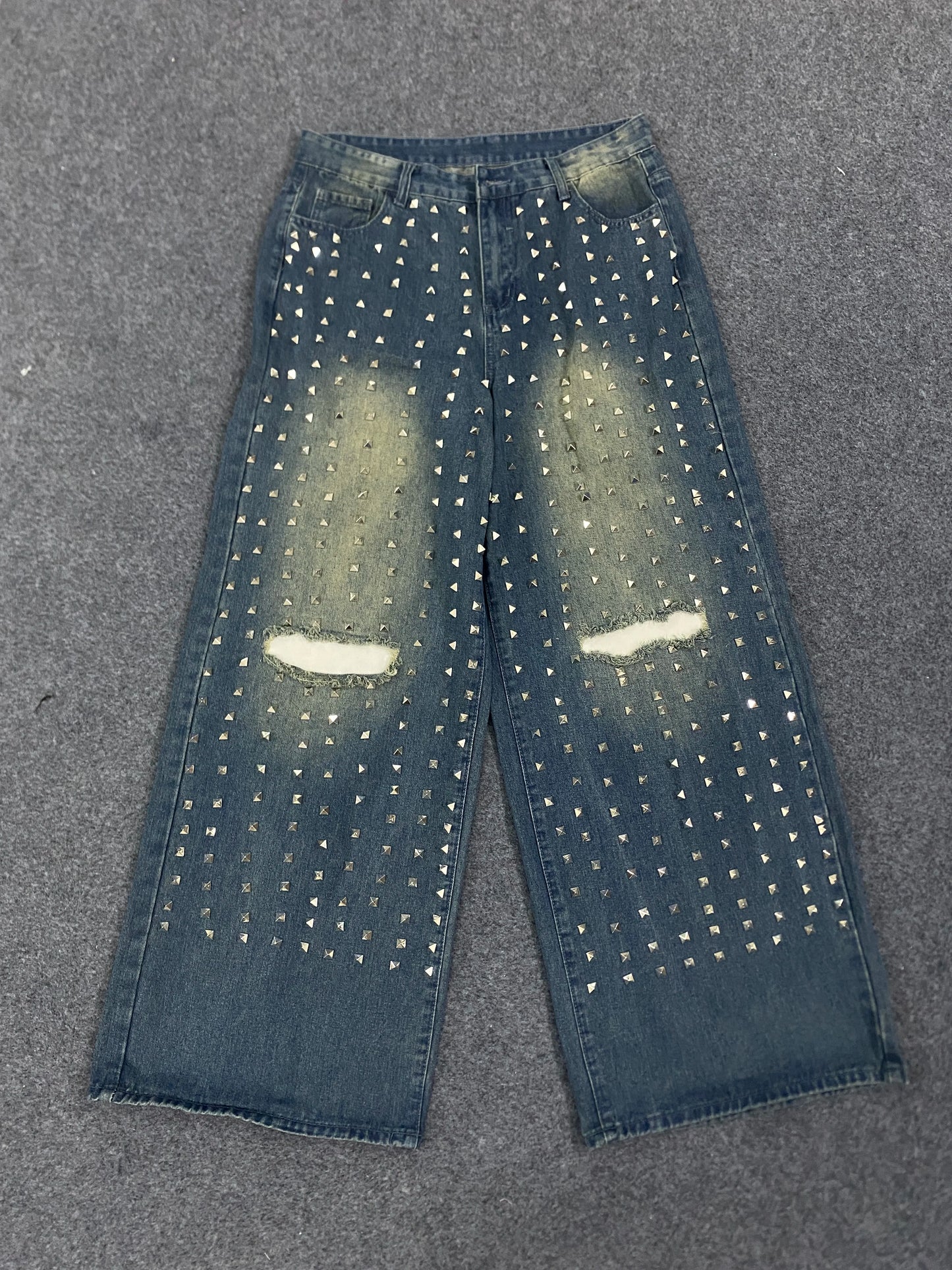 Casual Denim Pants for Men with Rivets and Holes