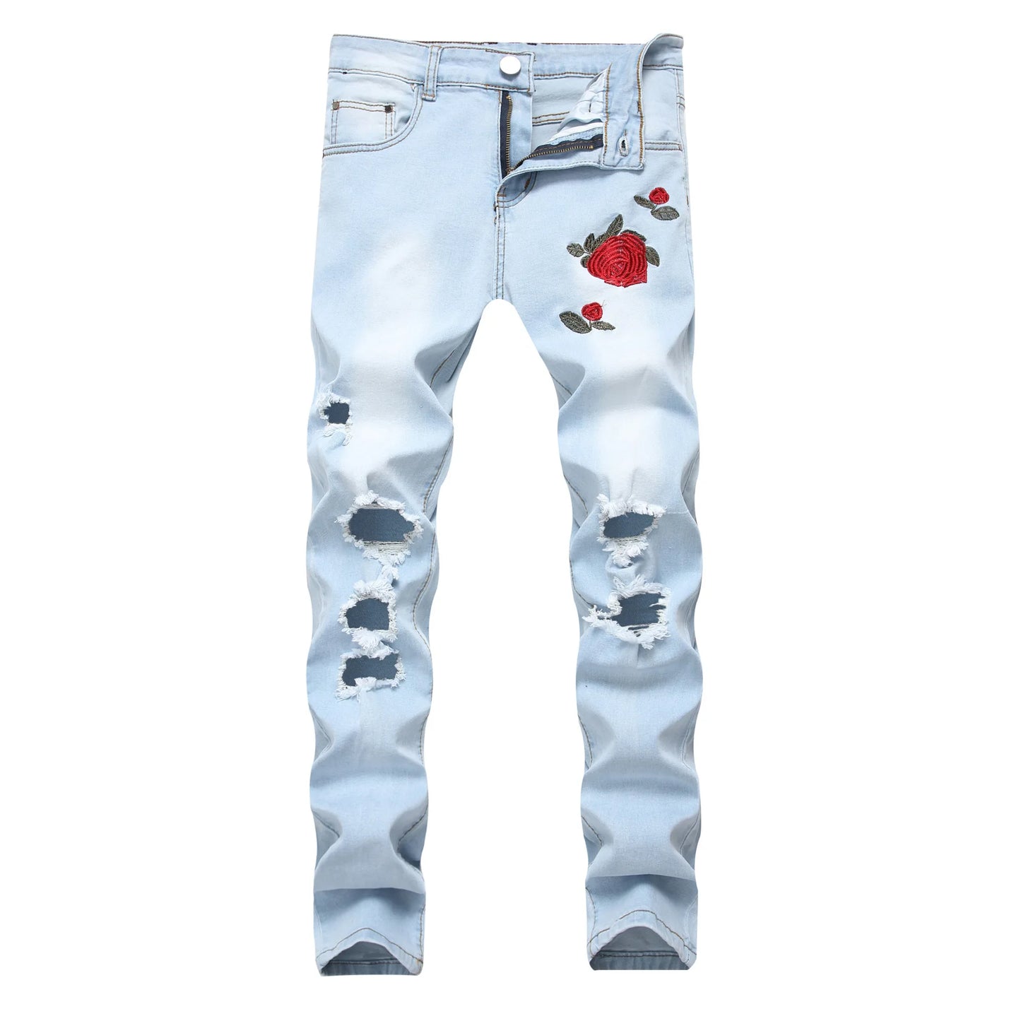 Men's Casual Denim Jeans with Embroidered Roses