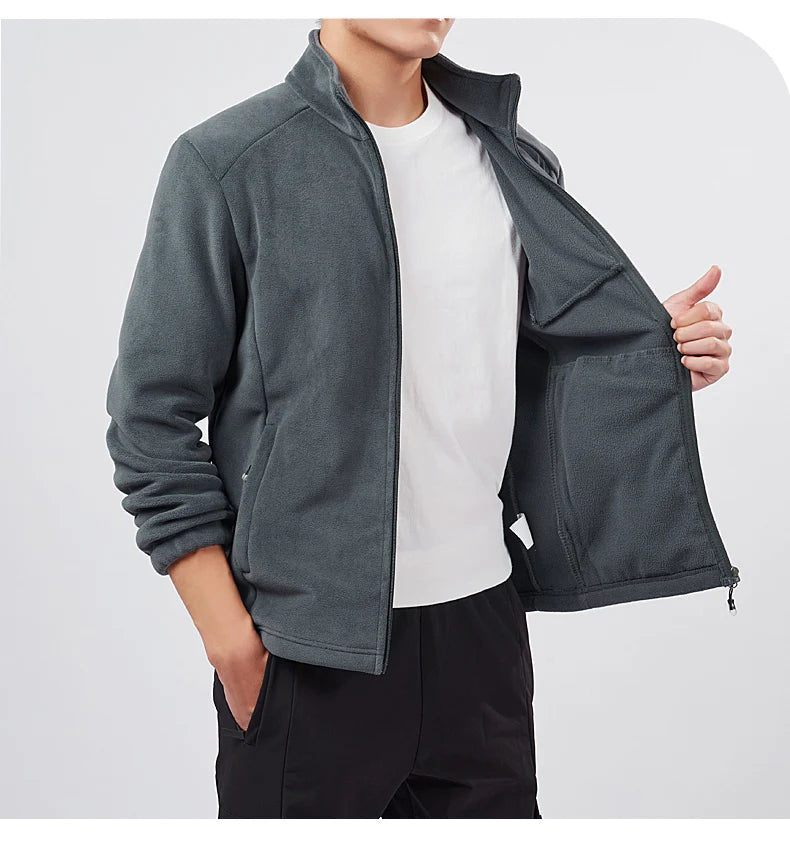 Unisex Outdoor Fleece Jacket Men  Warm Slim-Fit  Zip-Up Front Solid Color Jacket