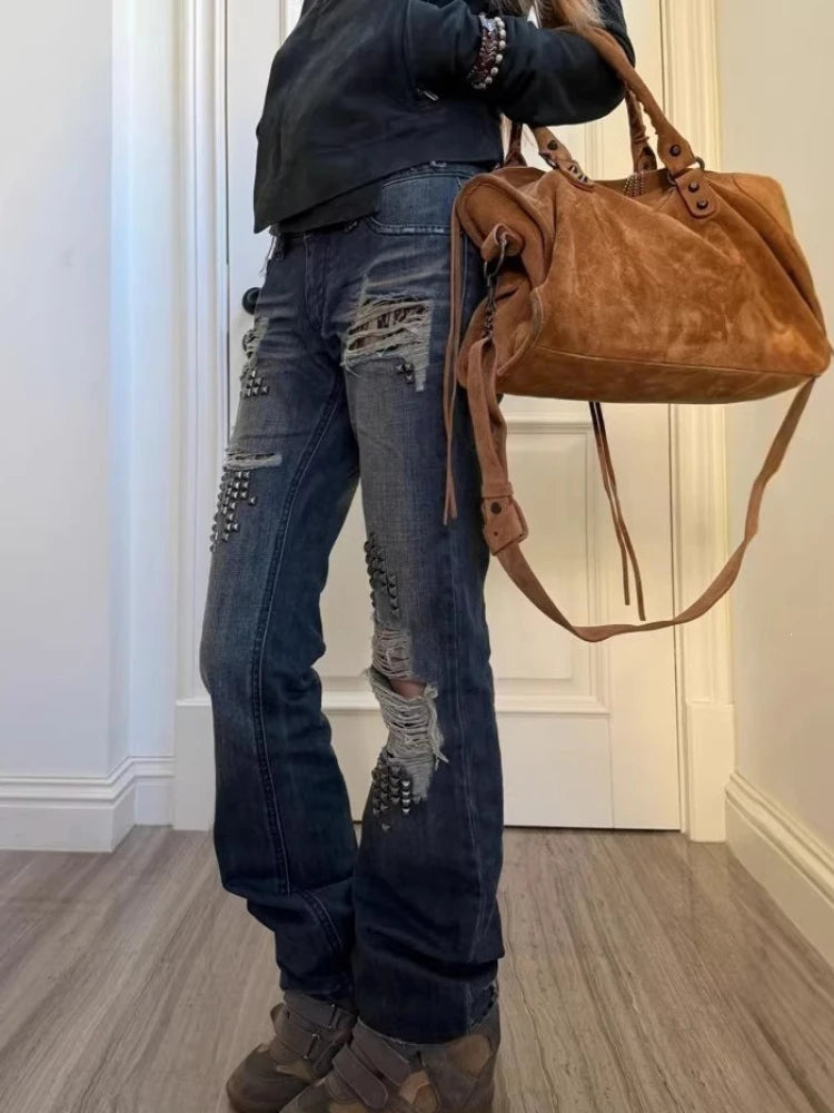 Vintage Y2K Studded Patchwork Denim Jeans for Men