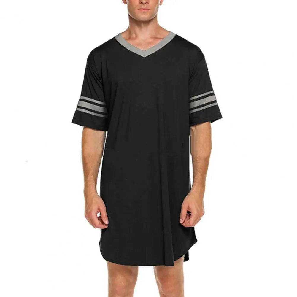 Men Loungewear Contrast Color Men Summer Long T-shirt Striped Print Sleeping Clothes Men Bathrobe Sleep Dress Homewear Robe