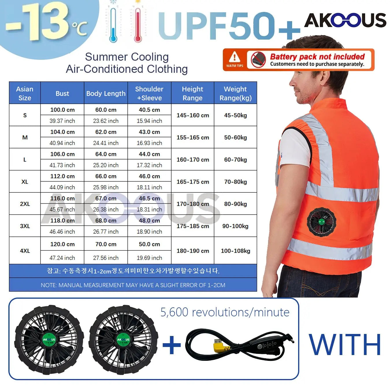 AKOOUS USB 3-Fans Cooling Vest for Men and Women