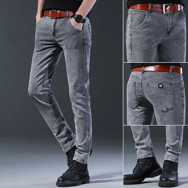 Men's Slim Grey Denim Jeans with Zipper Fly