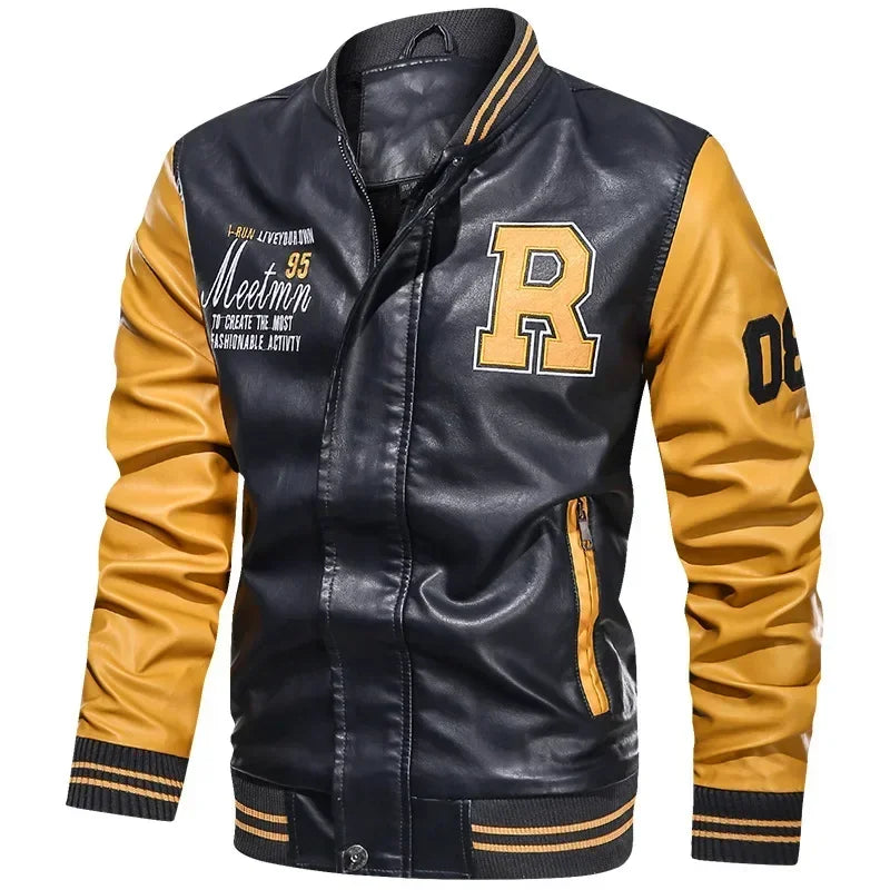 Bomber Jacket Men Leather Fleece Casual Zipper Coat
