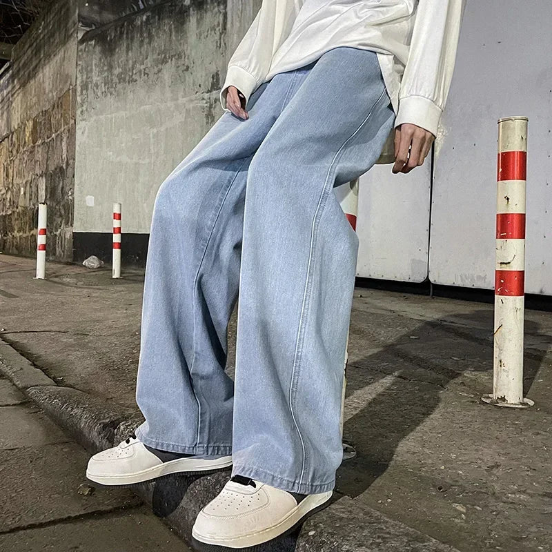Men's Casual Loose Wide Leg Jeans in Black Grey Blue