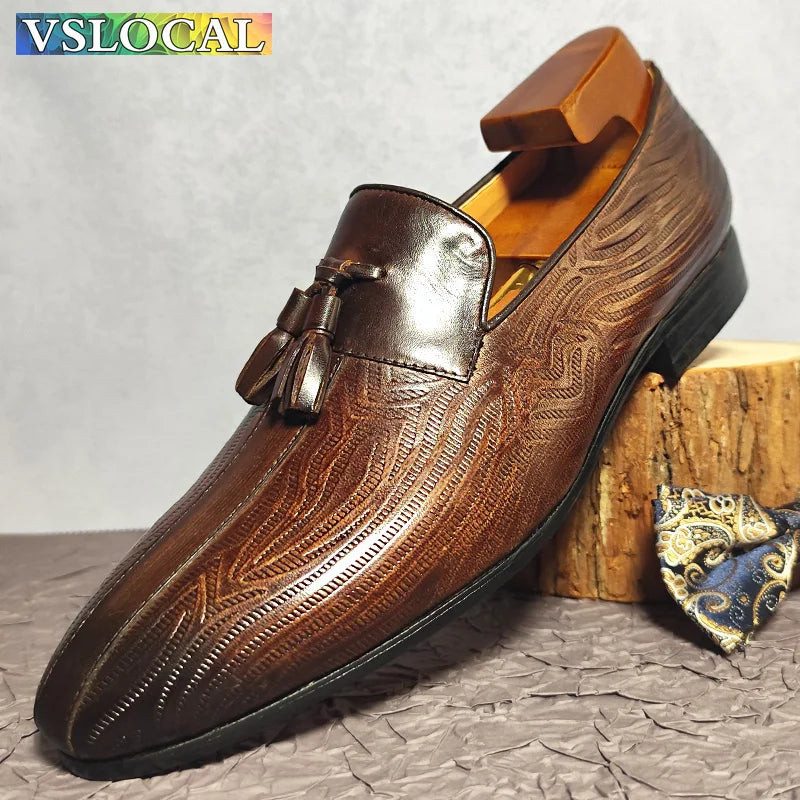 2025 Men's Loafers Shoes Black Brown Tassel Print Casual Mens Dress Shoes Office Wedding Genuine Leather Loafers For Men