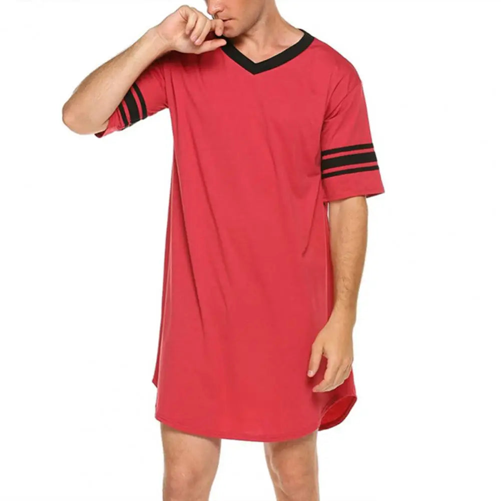 Men Loungewear Contrast Color Men Summer Long T-shirt Striped Print Sleeping Clothes Men Bathrobe Sleep Dress Homewear Robe