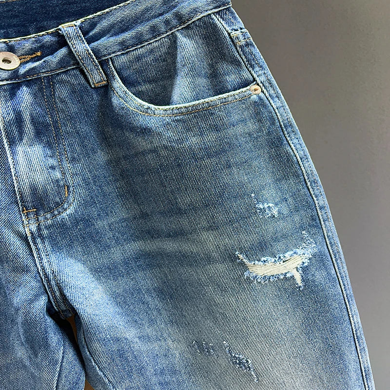 Vintage Blue Denim Ripped Jeans for Men Casual Streetwear