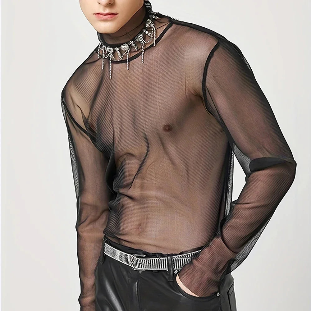 Sexy Mens Streetwear Mesh Transparent Turtleneck Long Sleeve Tops Solid Color Summer T Shirts O Neck Tee for Men Black Color