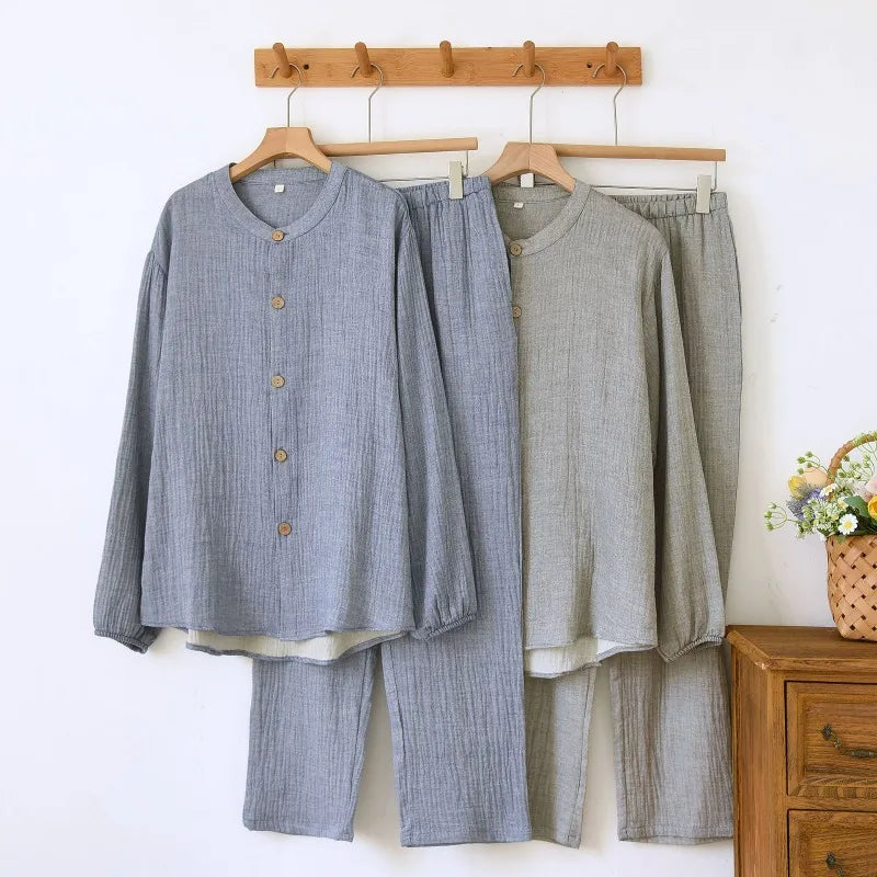 Solid Color Loungewear Set for Men 100% Cotton Muslin Pajamas Loose Round Neck Smoky Blue Sleepwear 2 Piece Autumn Home Clothes