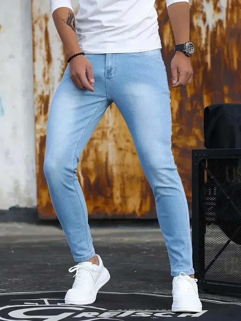 Mens Slim Fit Classic Skinny Jeans Denim Blue Casual Style