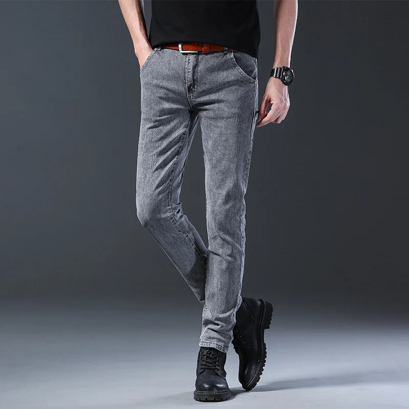 Men's Slim Grey Denim Jeans with Zipper Fly