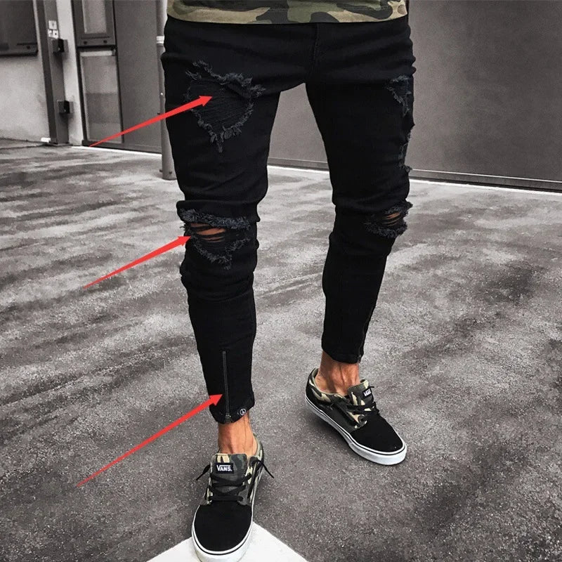 Black Ripped Stretch Jeans for Men