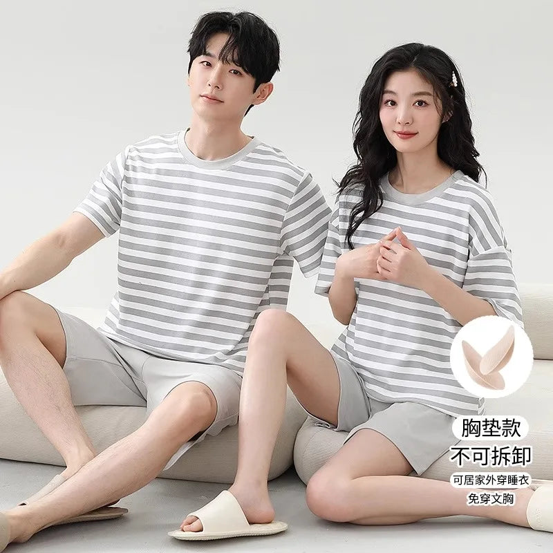 Couples Home Suit Women's Sleepwear Suit Man's Pajamas Set Cotton Short Sleeves Sleep Tops Shorts Pyjamas Nightwear Mujer Homme