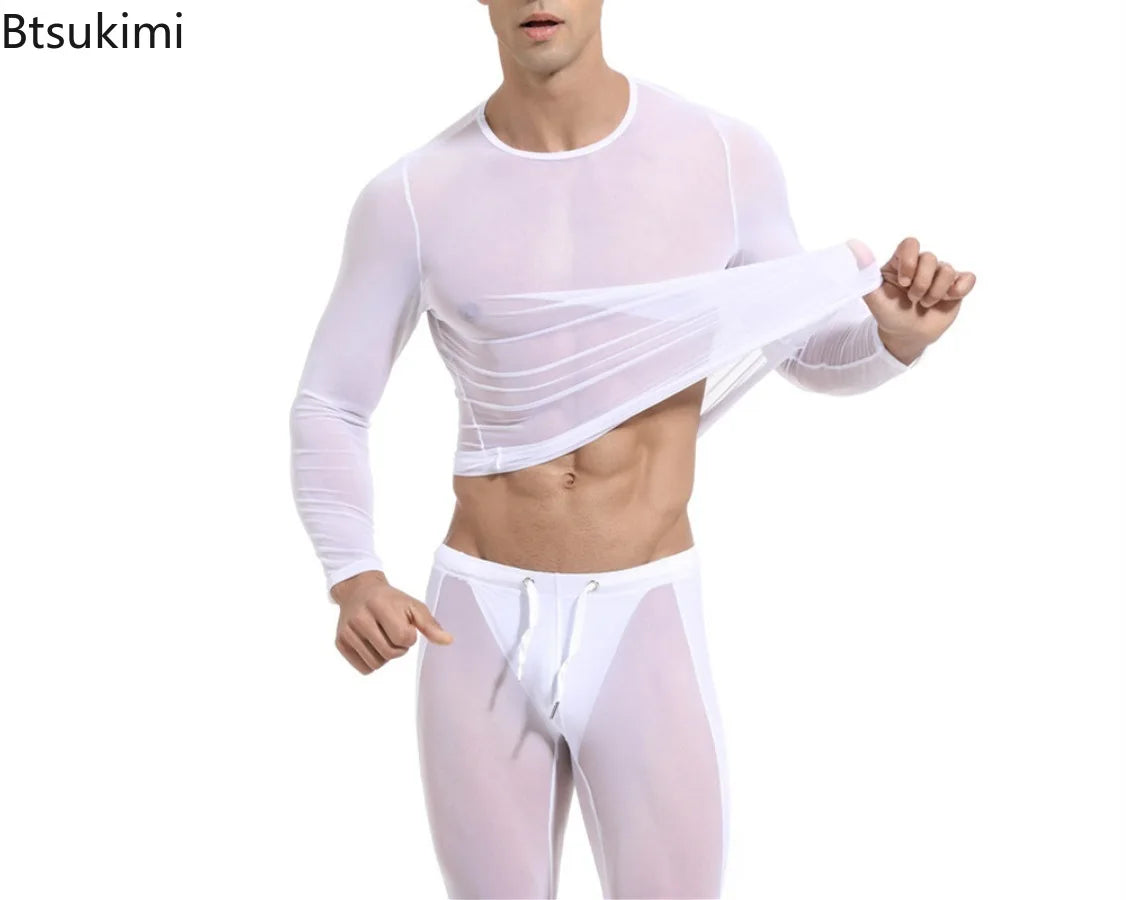2026 Men's Sexy Mesh T-shirts High Elastic Transparent Long Sleeve Tops Men Sport Fitness Compression Tees See Through Gym Wear