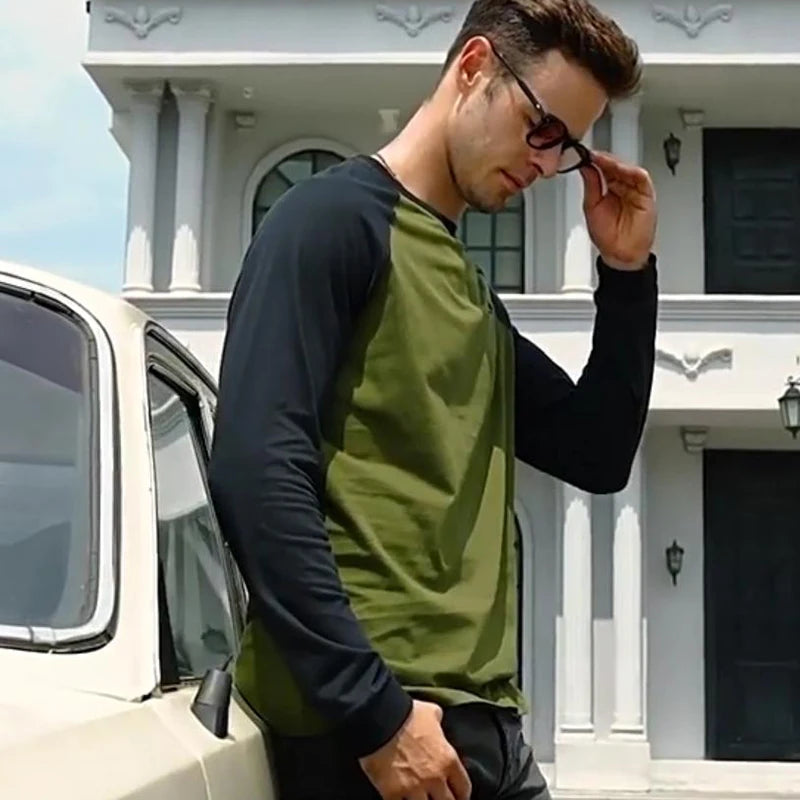 Men's Bottom T-shirt Trendy Contrast Color Tops 100% Cotton Long Sleeve Tees Spring Autumn Casual Streetwear O-neck Slim T-shirt