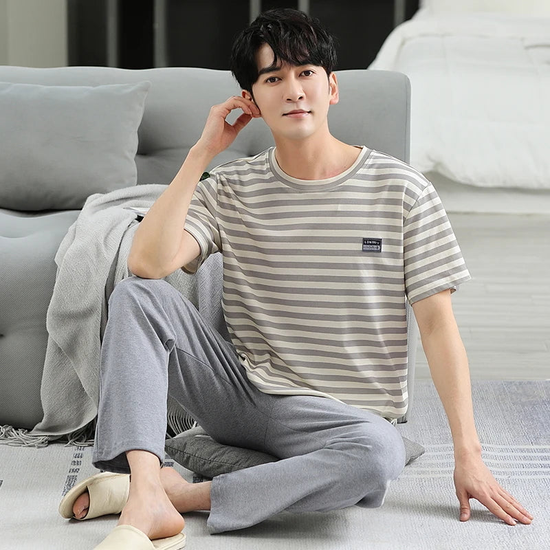 Men's Home Clothes Summer Striped Cotton Sleepwear Lounge Set Homewear Male Pajamas Set Trouser Home Suit Big Size Pijama Hombre