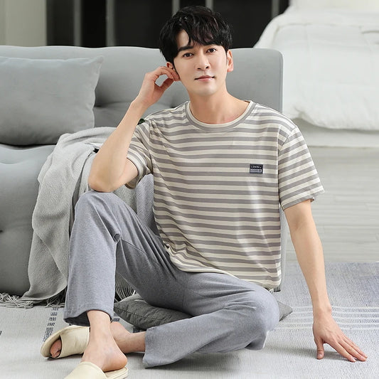 Men's Home Clothes Summer Striped Cotton Sleepwear Lounge Set Homewear Male Pajamas Set Trouser Home Suit Big Size Pijama Hombre